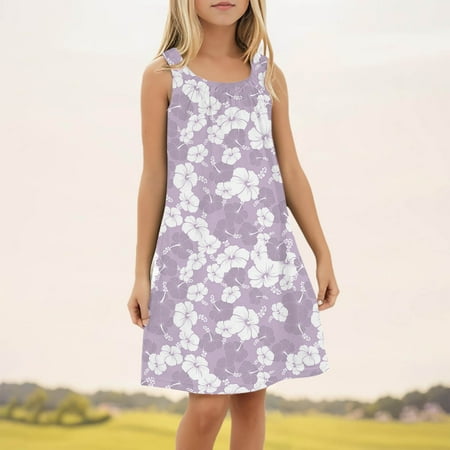 Ulitacool Girls Dresses 11-12 Years Flower Beach Swim Cover Up Summer Sleeveless Tank Dresses Elegant Playsuit Light Purple