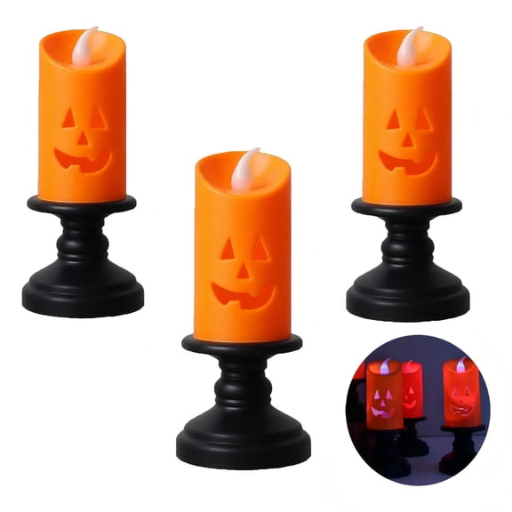 CQHVKQ 3 Piece Halloween Pumpkin LED Candle Lights, Pumpkin Jack-O'-Lantern, Orange Pumpkin Flameless Candle Lamps, Indoor Light Halloween Decorations for Table Centerpiece, Mantel & Spooky Party