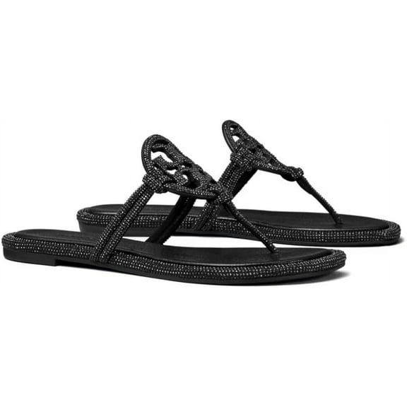 Tory Burch PERFECT BLACK Women's Miller Pave Logo Thong Sandals, US 7