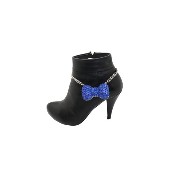 Women Silver Metal Chain Boot Bracelet Blue Bow Tie Charm Shoe