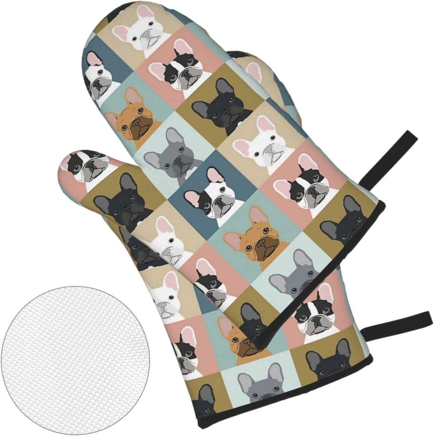 French Bulldogs Oven Mitts and Pot Holders Sets of 4, Resistant Hot Pads with Polyester Non-Slip BBQ Gloves for Kitchen Cooking Baking Grilling