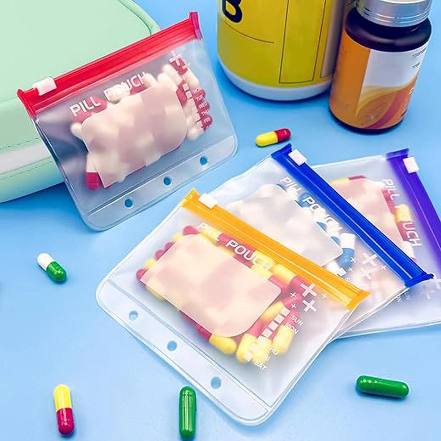 JEBTBFZE Waterproof Pill Organizer Set, Pill Pouches for Travel, with 14 Color-Pill Pouches, 7–14 Day Travel Pill Organizer, Portable Reusable Binder Design Zippered Pill Storage  (Pink)