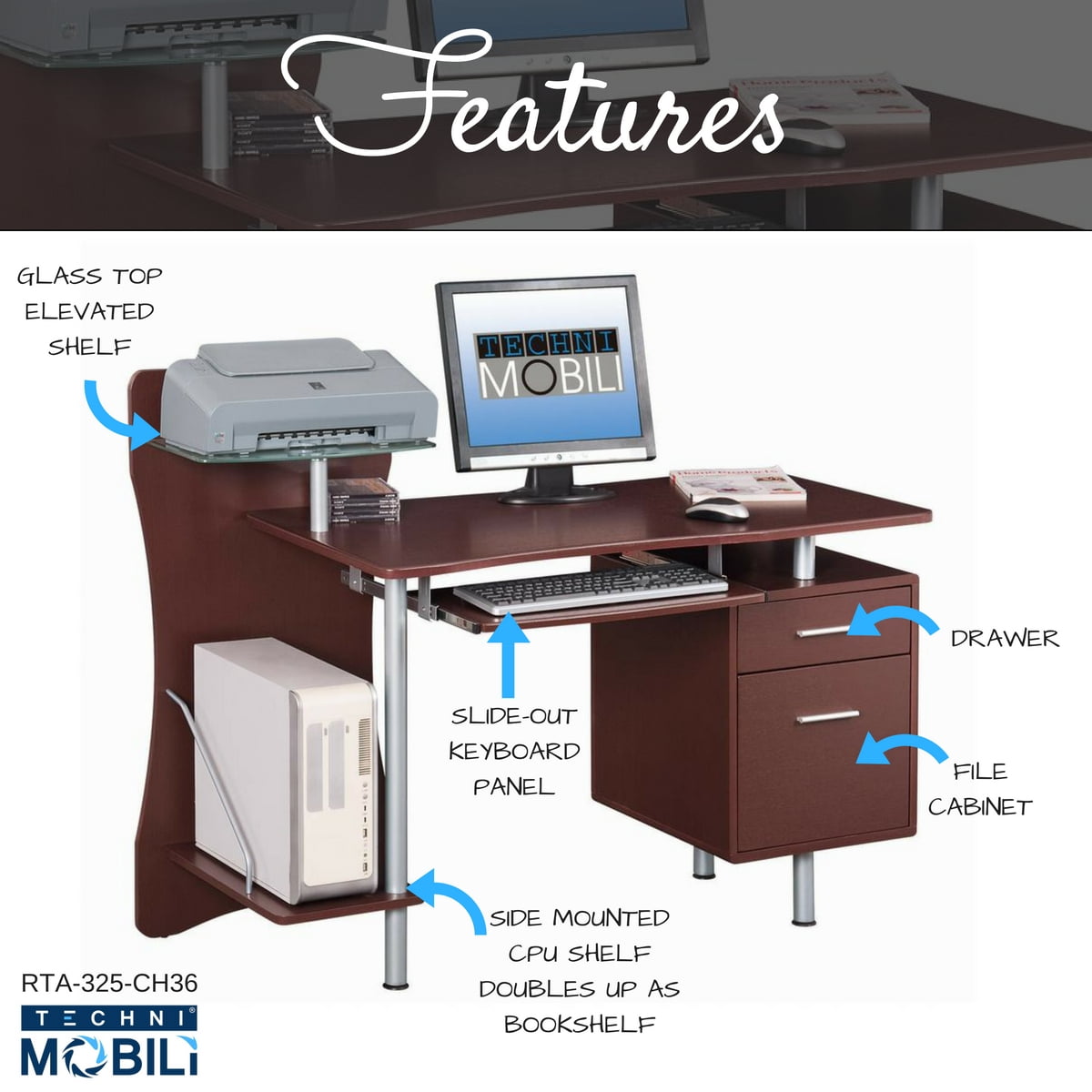 Techni Mobili Computer Desk With Storage Chocolate Com