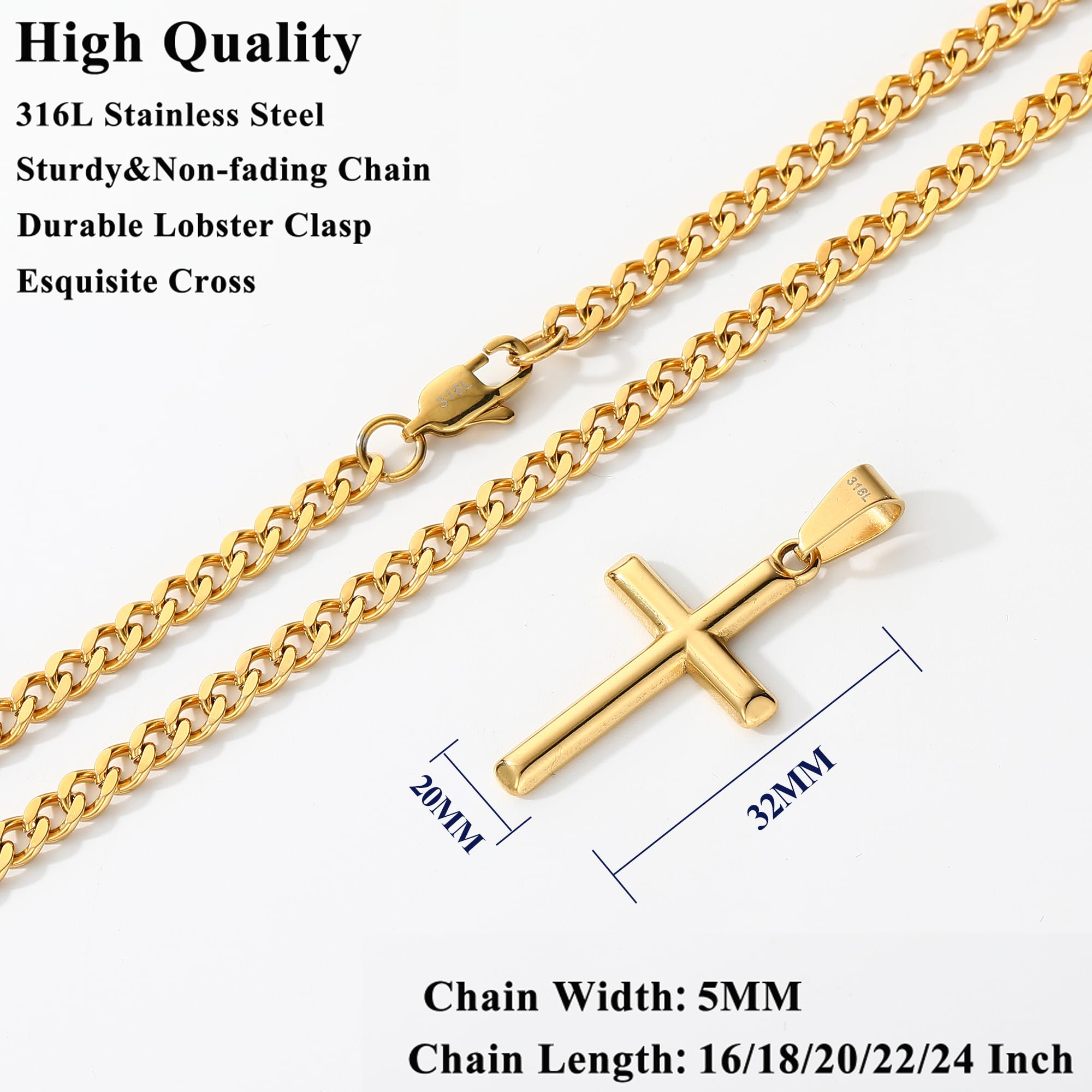 DORANA Gold Plated Cross Necklace, 316L Stainless Steel, 20" photo 4