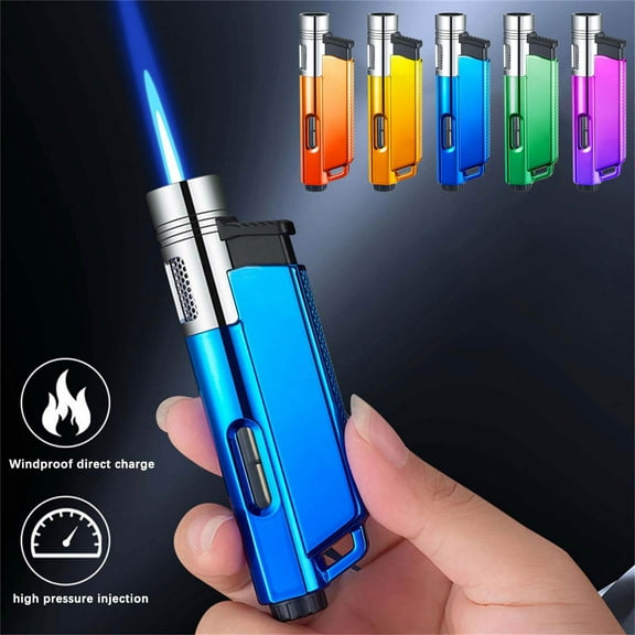 Refillable Windproof Butane Torch Lighter with Adjustable Flame Control, Metal Alloy Construction, Visible Fuel Window, Portable Design for Outdoor Activities and Home Use, 97x26x16.5mm