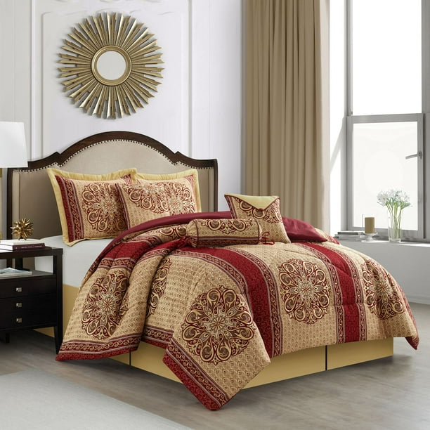 Lanco 7 Piece Comforter Sets, Burgundy Bedding Sets, Queen Size with