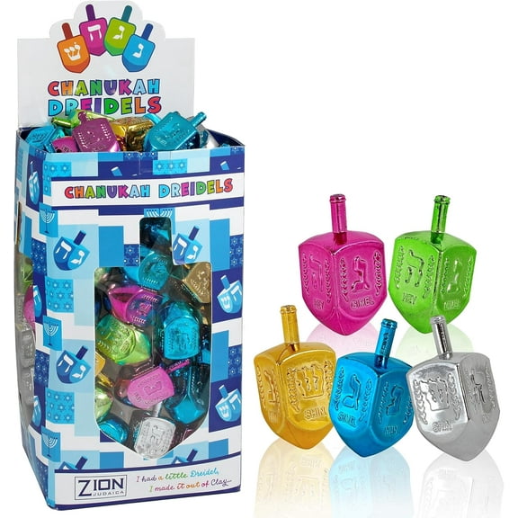 ZIon Judaica Metallic Dreidels with English Transliteration display Box of 100 Driedels in Bulk Assorted Colors Blue Silver Gold Pink Green Hanukkah Spinning Tops for Traditional Chanukah Game
