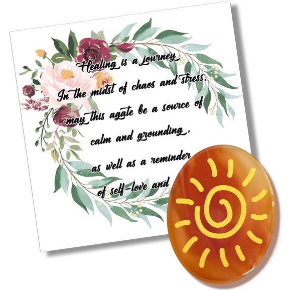 Natural Red Agate Stone Sunshine Sun Carved Calming 1.4x1.8 inch Natural Agate Reki Stones Agate Calming with Customized Card for Stress Relief Anxiety Inspirational Gifts