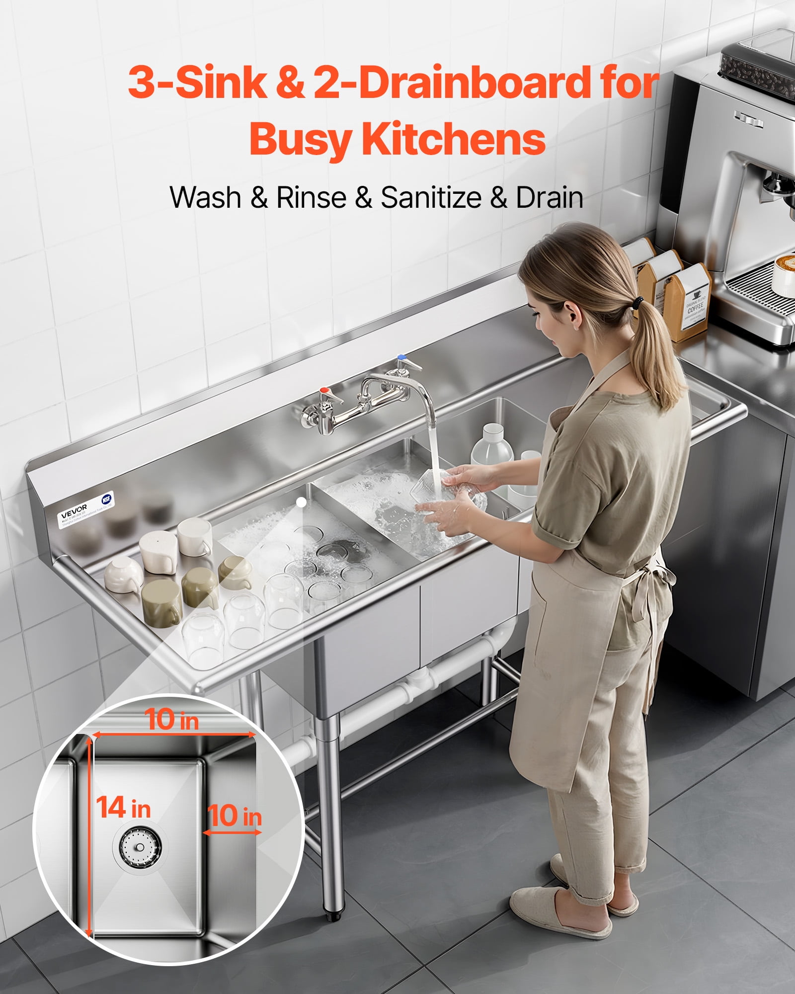 VEVOR 3 Compartment Sink, 18-Gauge 304 Stainless Steel, 10" x 14" x 10" Bowl Size, 3 Bay Commercial Kitchen Prep & Utility Sink with 2 Drainboards and Backsplash for Restaurant, Food Truck & Home Use