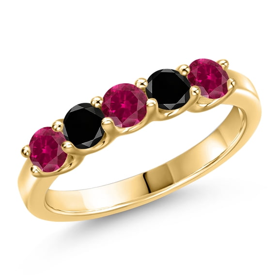 Gem Stone King 10K Yellow Gold Red Created Ruby and Black Diamond Wedding-Bands Ring for Women | 1.09 Cttw | Round 3.5MM | Gemstone July Birthstone | Size 7