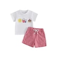 thumbnail image 1 of Conjunto de ropa de verano para bebé niño pequeño: top de manga corta con bordado de castillo playero y shorts a cuadros (2 piezas)., 1 of 8