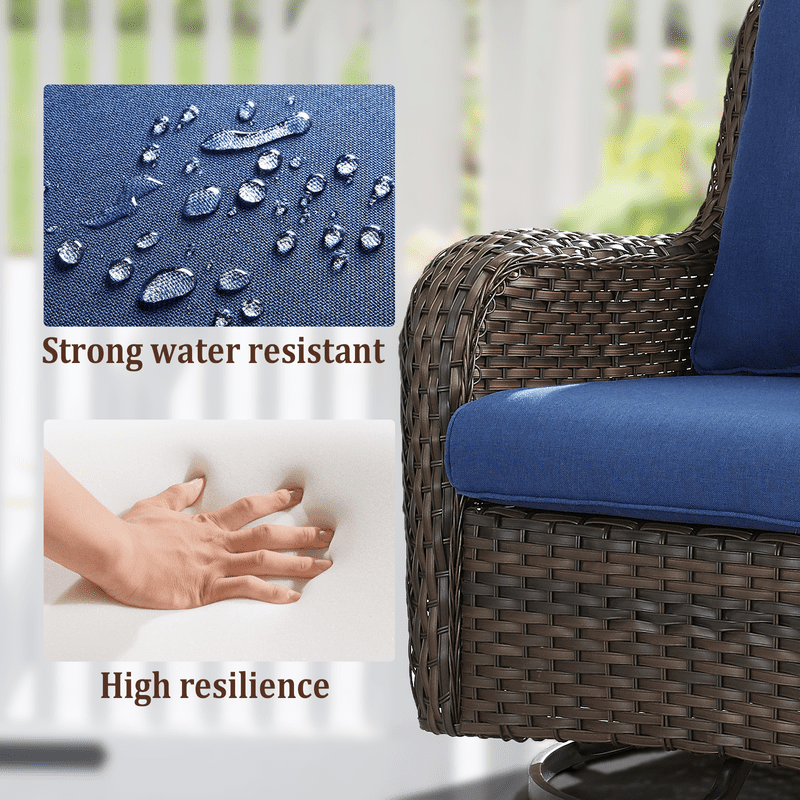 6 Piece Patio Furniture Set with 41" Fire Pit Table, Outdoor All Weather Wicker Rattan Furniture with Swivel Rocking Chairs, Ottomans and 3-Seat Sofa for Backyard Balcony Deck, Blue/Brown
