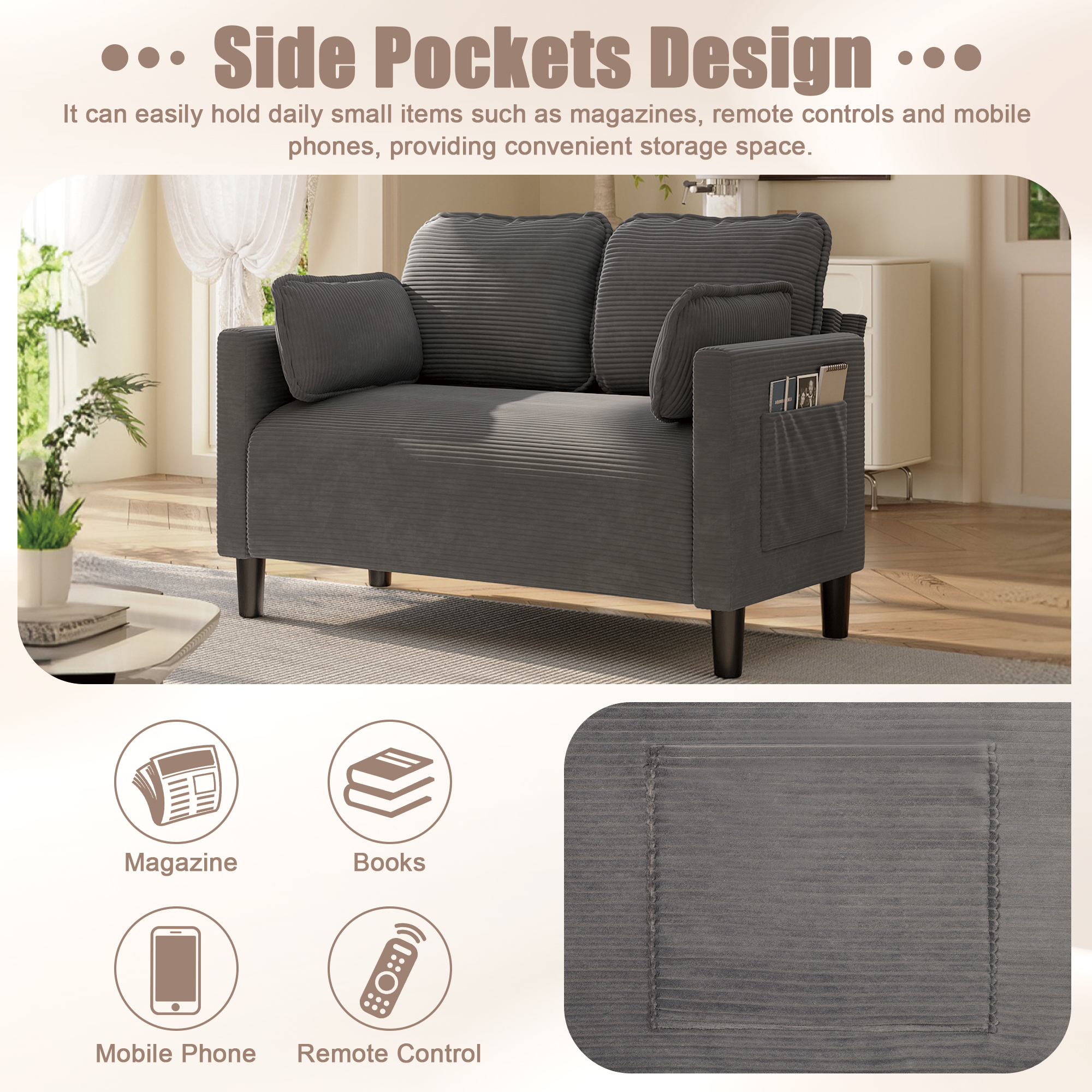 Corduroy Loveseat Couch,48" W Upholstered 2 Seater Sofa with Side Storage Pocket,Modern Small Sofa Couches for Small Spaces,Apartement,Grey