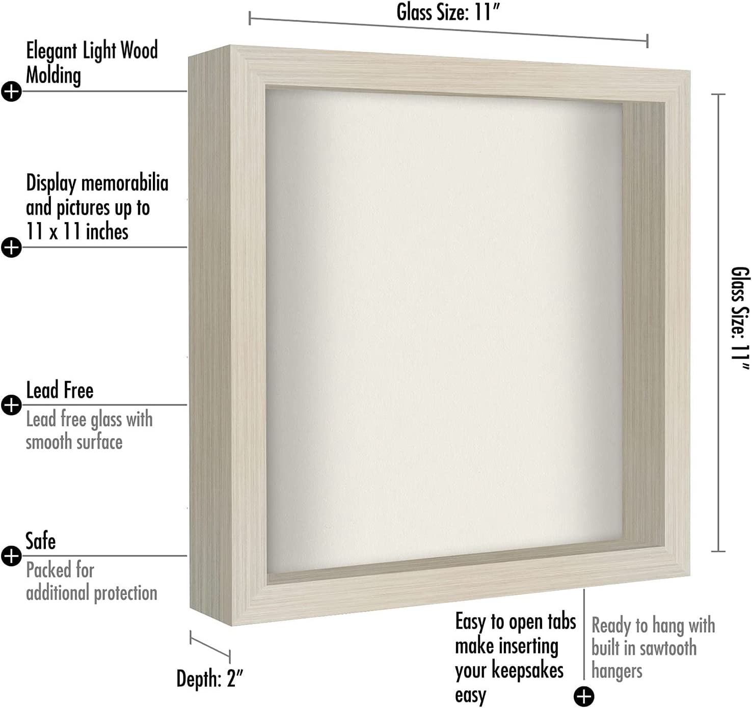 Americanflat 11x11 Shadow Box Frame in Light Wood with Soft Linen Back - Composite Wood with Polished Glass for Wall and Tabletop