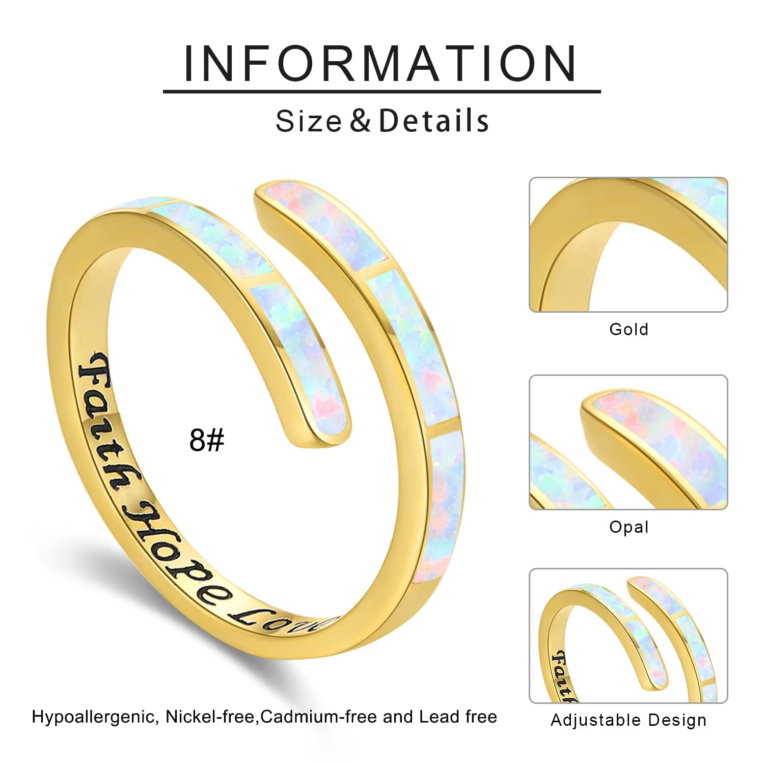 Coachuhhar Opal Rings for Women 925 Sterling Silver Faith Hope Love Rings Gold Adjustable Open Rings Opal Jewelry for Mother's Day