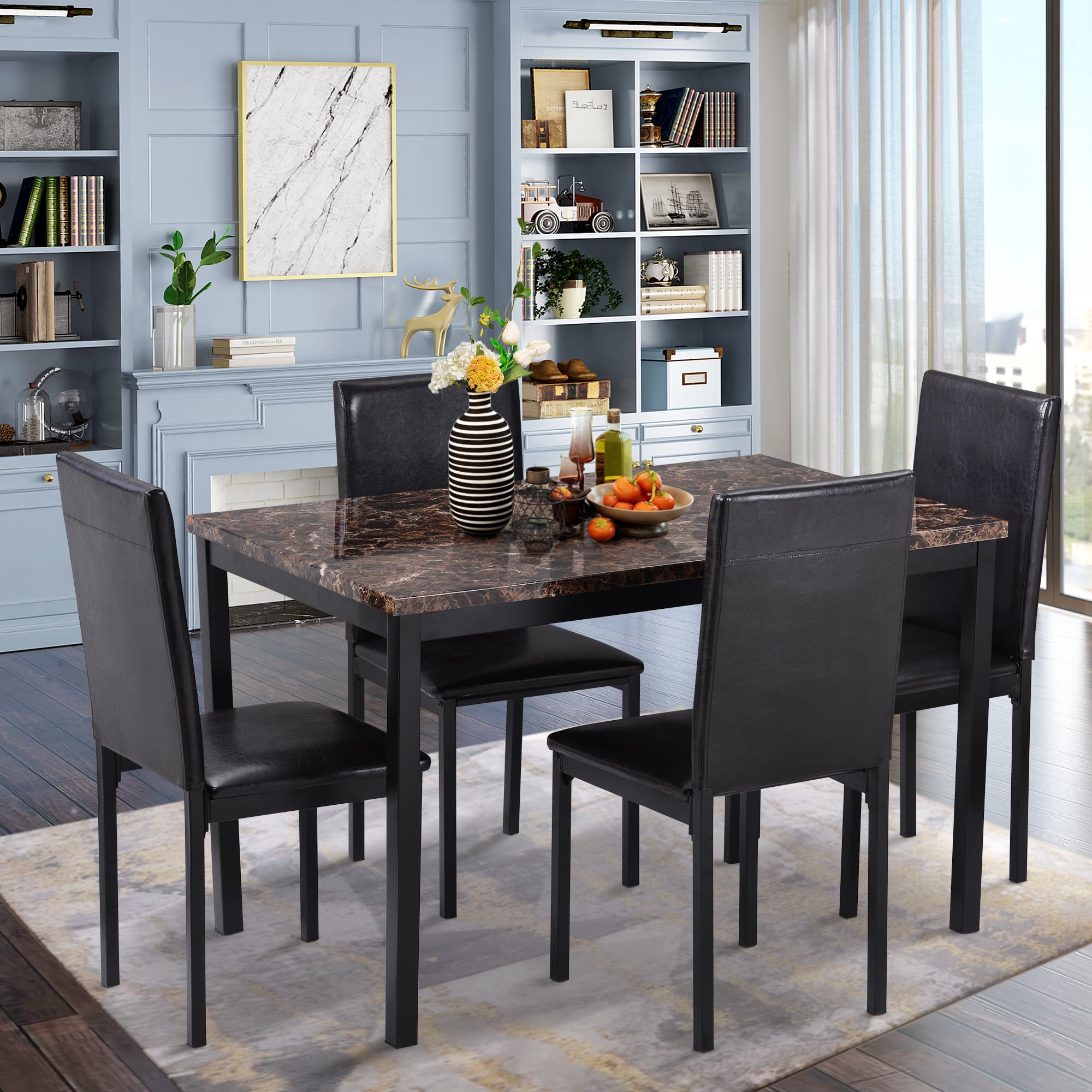 5pcs Dining Set Kitchen Table Set Dining Table And 4 Leather Chairs Walmartcom Walmartcom