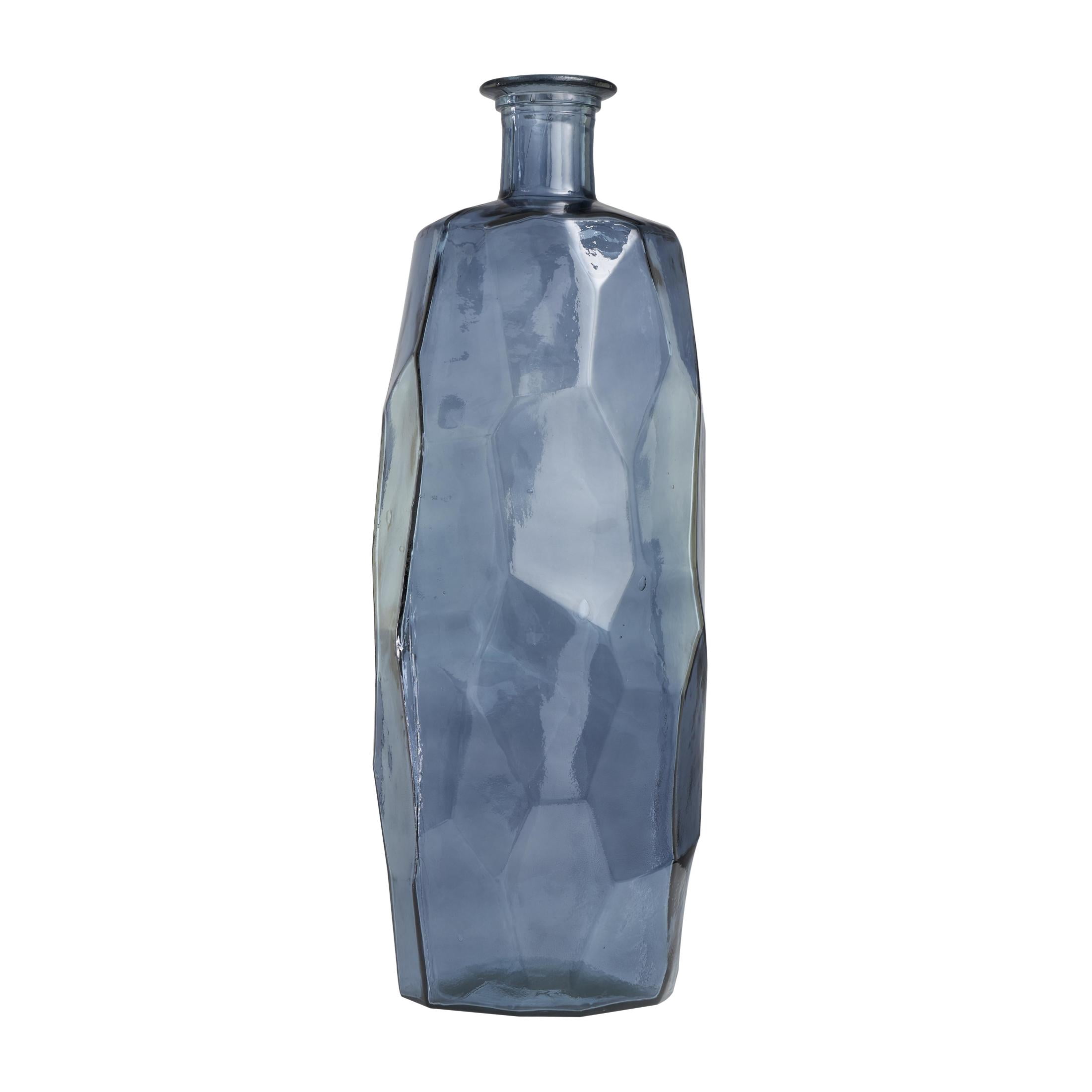 DecMode 29" Handmade Tall Spanish Bottle Neck Faceted Blue Recycled Glass Vase