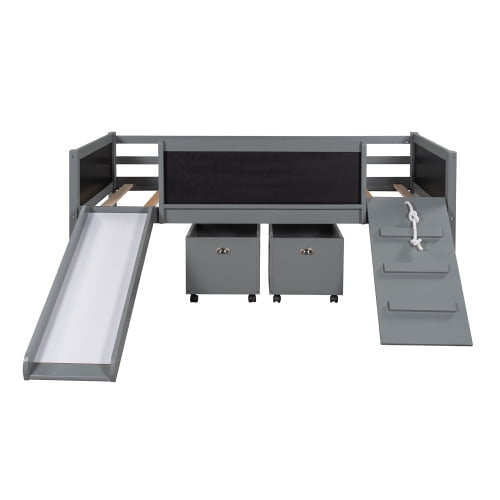 Twin size Loft Bed Wood Bed with Two Storage Boxes Gray