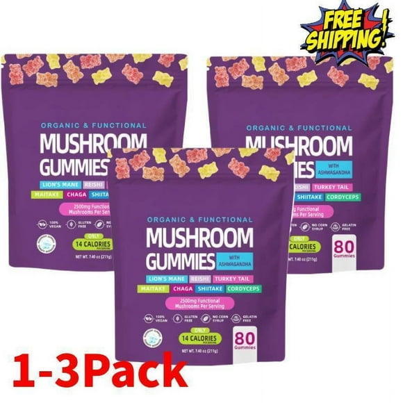 Mushroom Gummies 2500mg with Lion's Mane Ashwagandha Brain and Nervous Sy stem NEW