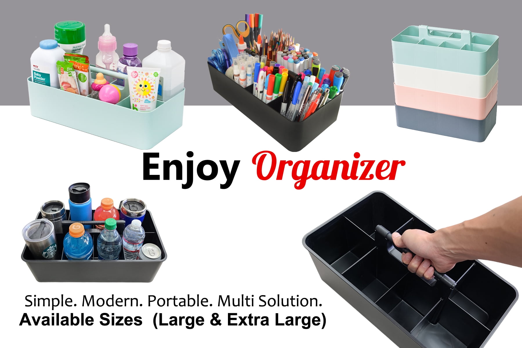 Enjoy Organizer- Commercial Large Portable Caddy Stackable Carry Caddy, Black, Carrier for Cleaning Supplies, Tools, All-Purpose Carry Caddy Made In USA (Black)