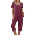 thumbnail image 4 of Zanvin Womens High Waisted Linen Capris Pants, Women's Short Sleeve V-Neck Top Cropped Pants Print Suit, Quickly Dried, Soft and Breathable, Wine, XL, 4 of 8