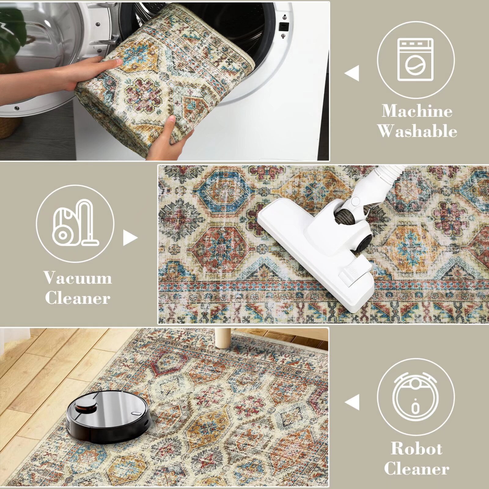 Hasoo Indoor Washable Area Rug 9' x 12' Floral Rugs for Living Room Geometric Throw Floor Mats Non-Slip Accent Carpet Colorful