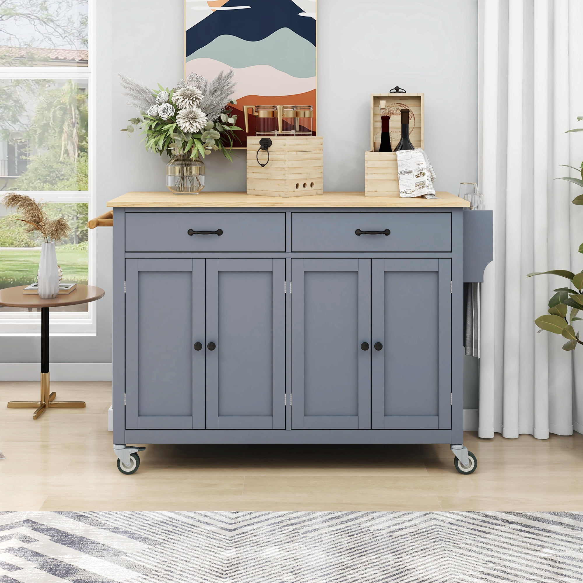 Euroco 54.3" Kitchen islands Cart with Storage on Wheels, Kitchen Cart with Spice Rack, Towel Rack,Adjustable Shelf and 2 Drawers for Dining Room