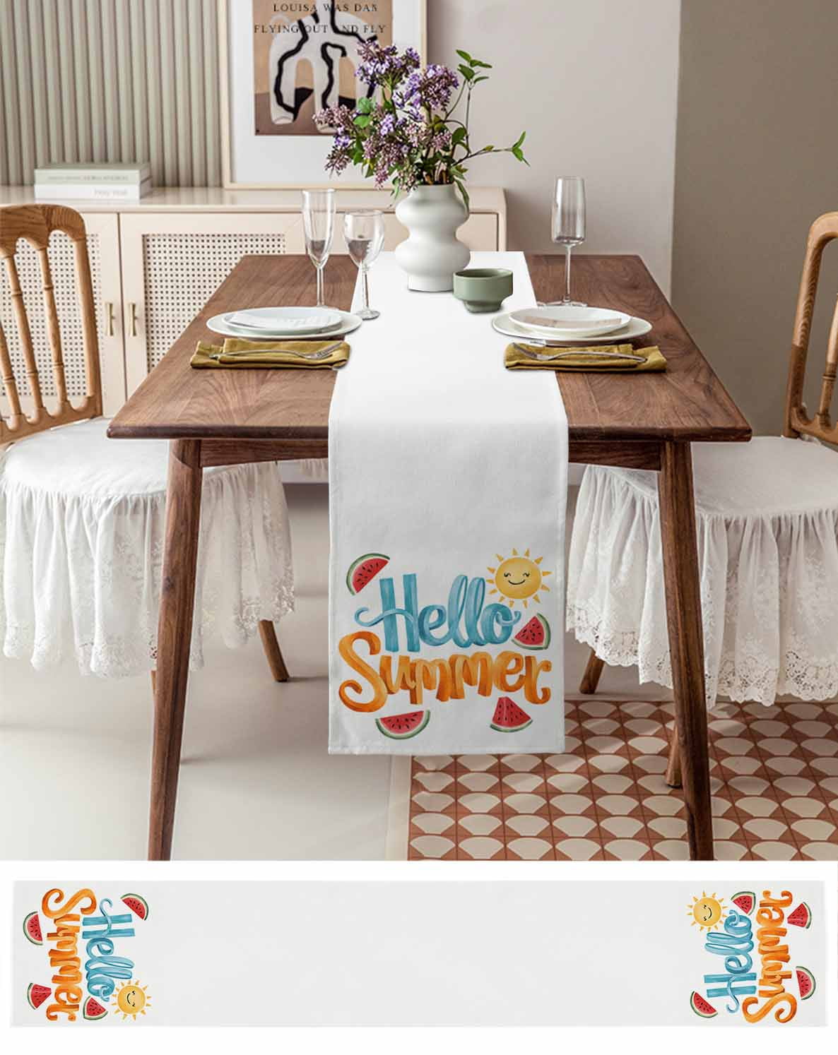 Hello Summer Burlap Cotton Table Runner 14x72 Inches Long, Watercolor Watermelon Tropical Fruit Farmhouse Table Runners, Outdoor Dining Tablecloths Decor for Baby Shower/Party/Wedding