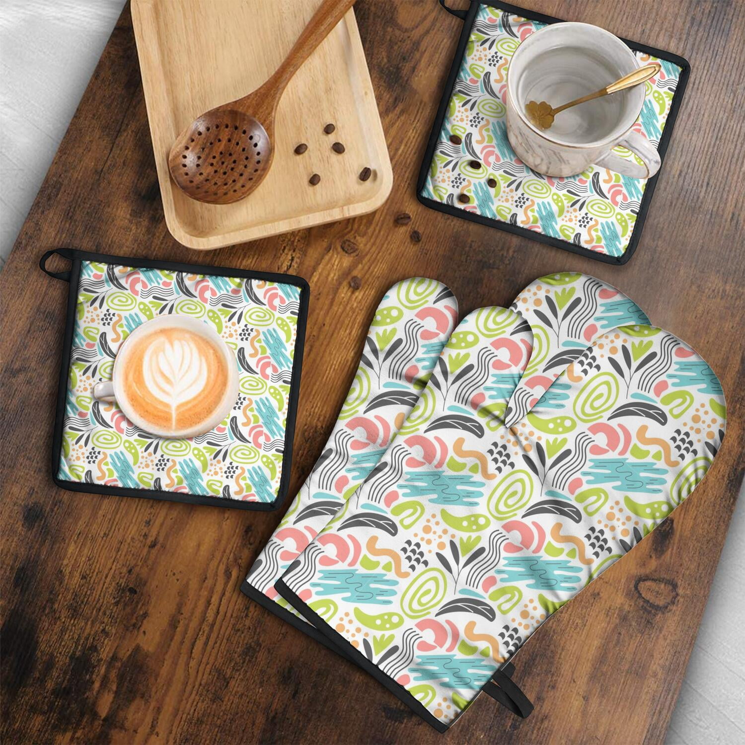 Floral Pattern Oven Mitts and Pot Holders Set Of 4, Heat Resistant Kitchen Gloves with Non-Slip Grip, Hanging Loop, Soft Cotton Lining for Baking, Cooking, Grilling, Barbecue