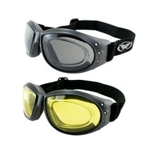 Global Vision Eliminator RX Padded Motorcycle Riding Goggles ANSI 2 pack Black Frame w/Antifog Smoke Lens & Yellow Lens