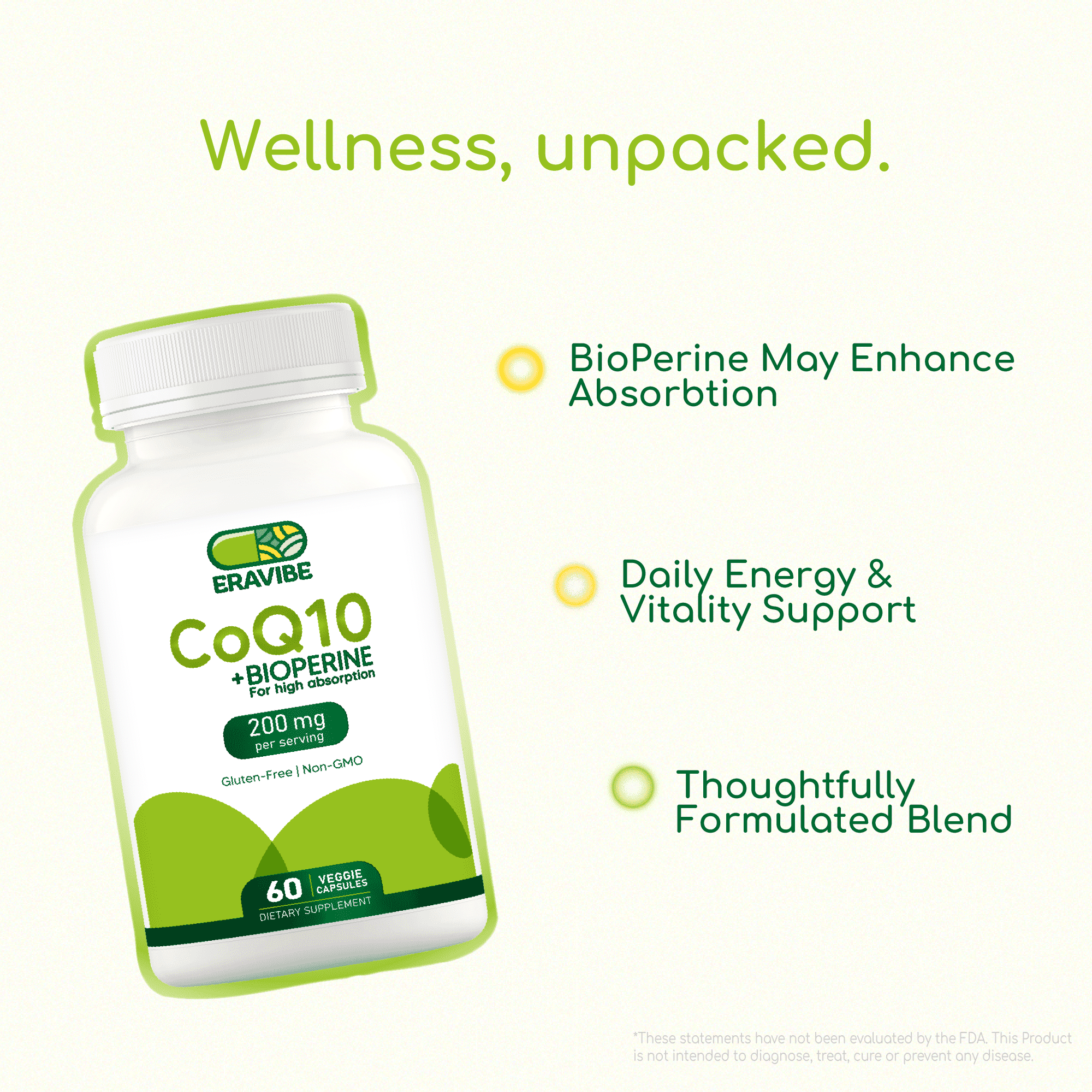 Eravibe CoQ10 200mg with Bioperine, High Absorption Antioxidant Supplement, 60 Veggie Capsules
