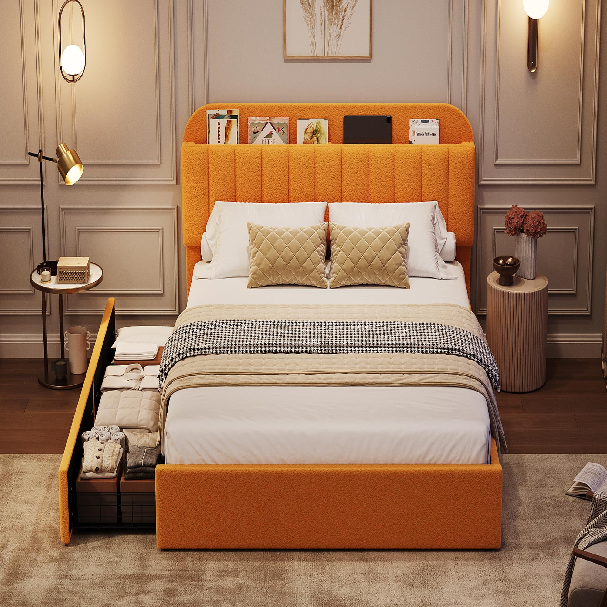 Twin Upholstered Platform Bed with Storage Headboard & Drawers – Boucle Bed Frame, Modern Design, No Box Spring Needed, Easy Assembly- Twin Size, Yellow