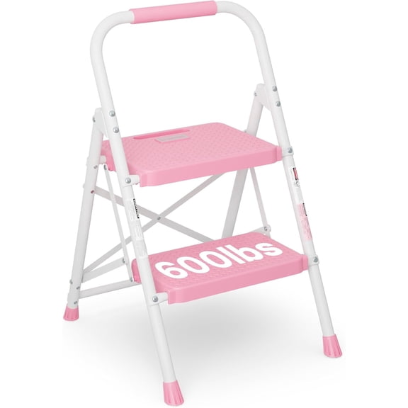 2-Step Ladder, Folding Step Stool, 600lbs Max Load Capacity, Sturdy Steel, Non-Slip Pedals, Lightweight, Portable Steel Ladder with Convenient Handrail, Safety Design for Home & Work, Pink