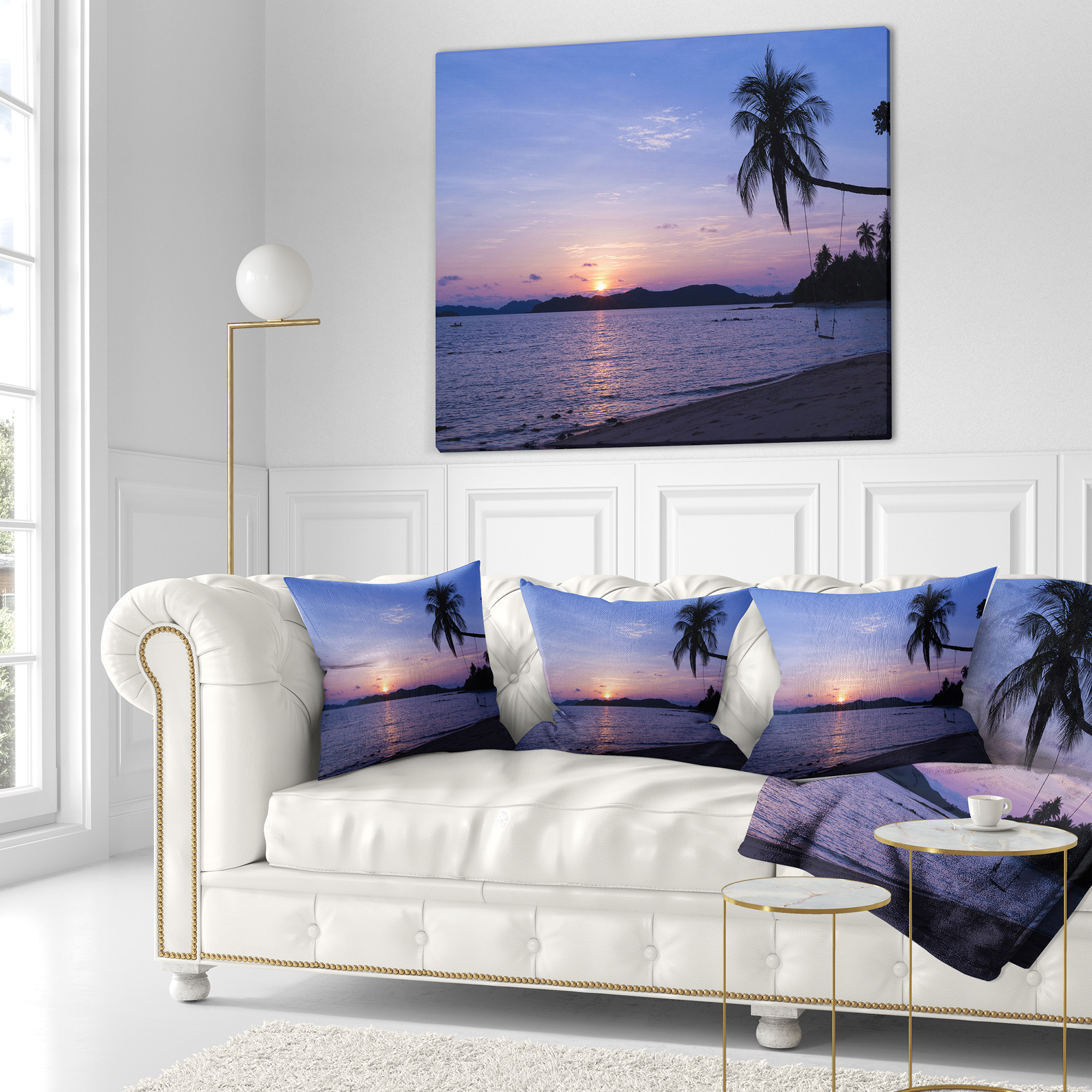 Designart Hanging Seat in Blue Sunset Beach - Modern Seashore Throw Pillow - 16x16