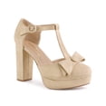 thumbnail image 1 of BLISSFUL STEP Women Round Toe Block Heel T Strap Pumps Beige 7, 1 of 7
