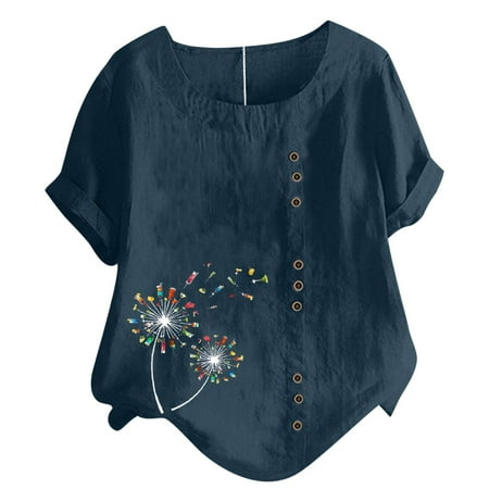 

Dianli Corset Tops For Women Round Neck Tunic Dandelion Print Short Sleeve Summer T-Shirts Plus Size Casual Loose Fashion Button Cotton Linen Tops Blouses Navy M