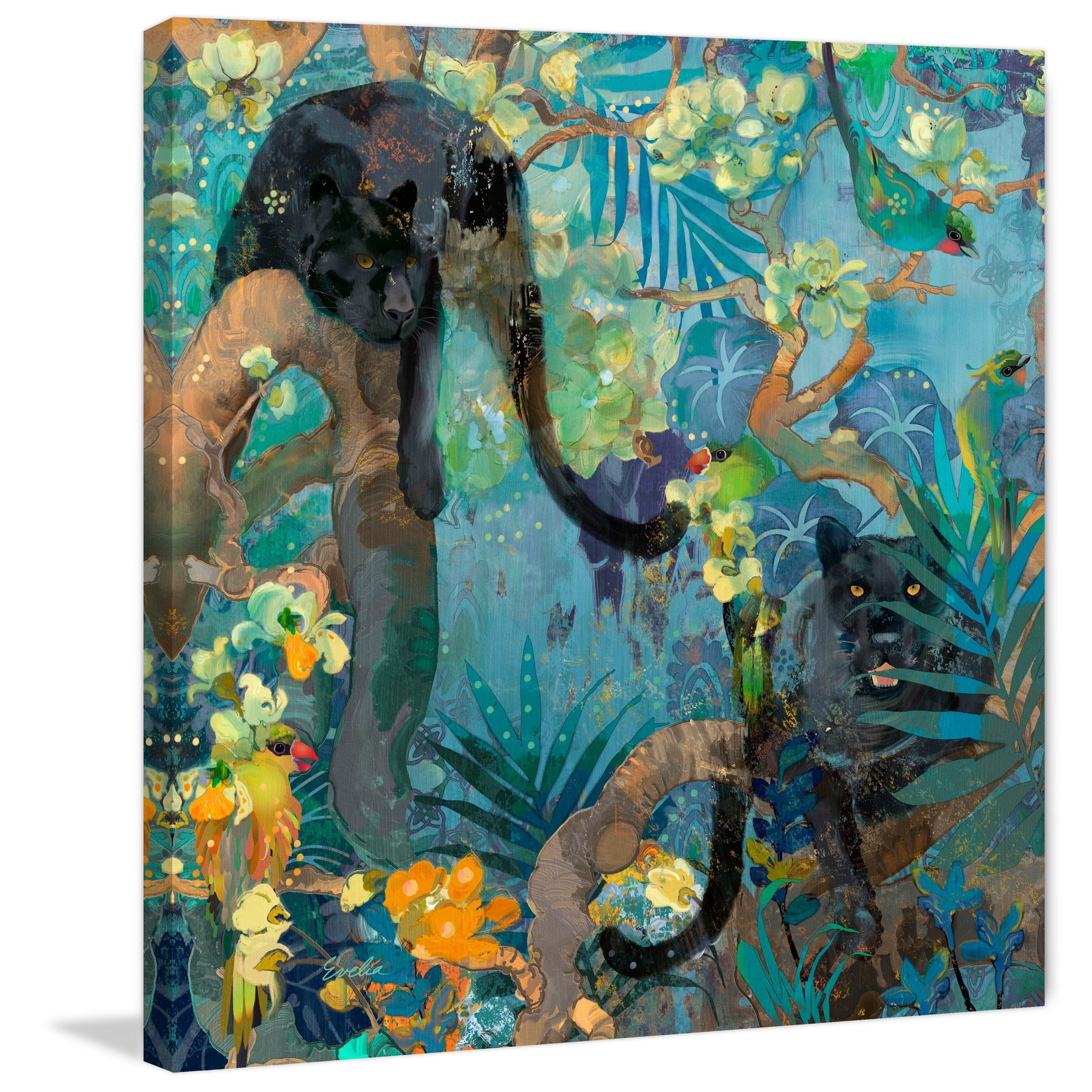 "Jaguar and Green Parrots" Painting Print on Wrapped Canvas