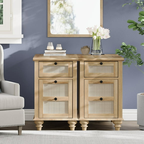 WAMPAT 2 Pack Farmhouse Nightstand with Charging Station, Bedside Table with Solid Wood Leg, Sofa EndTable with Storage Drawer&Power outlets USB Ports for Bedroom,Living Room