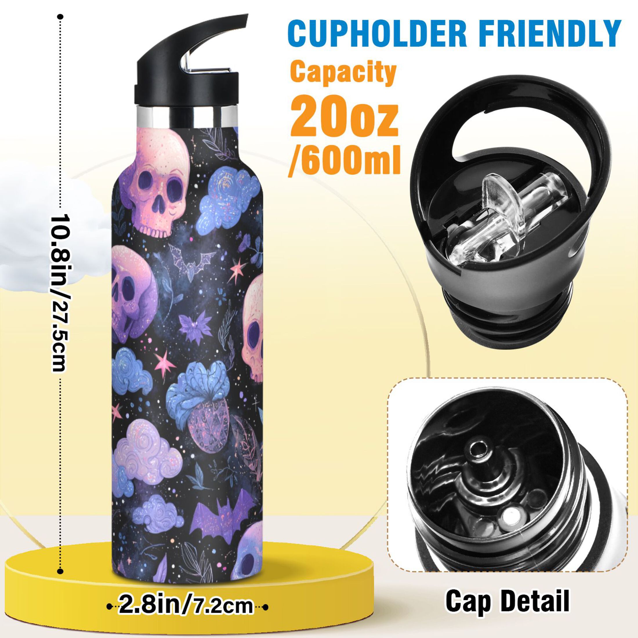 600ML Stainless Steel Insulated Cup Sports Water Bottle Portable Thermos Cup Water Glasses Insulated Tumblers Convenient and Durable Halloween Pink Skull