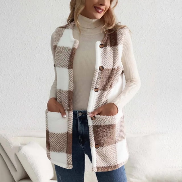 NJDVHB Womens Winter Casual Tops ,Women'S Winter Checkered Pocket Color-Blocked Button Jacket Top