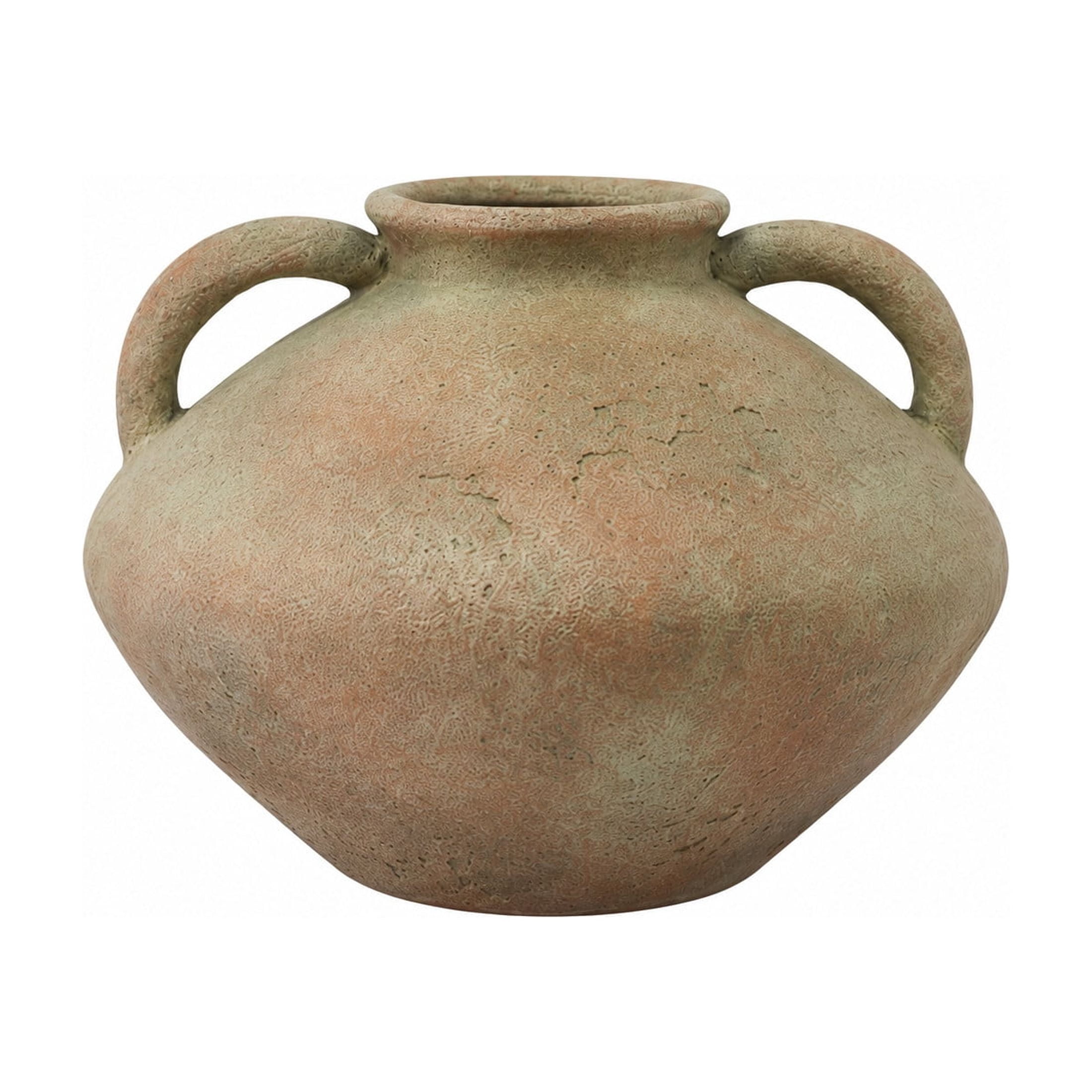DecMode 7" Antique Style Textured Beige Ceramic Vase with Handles