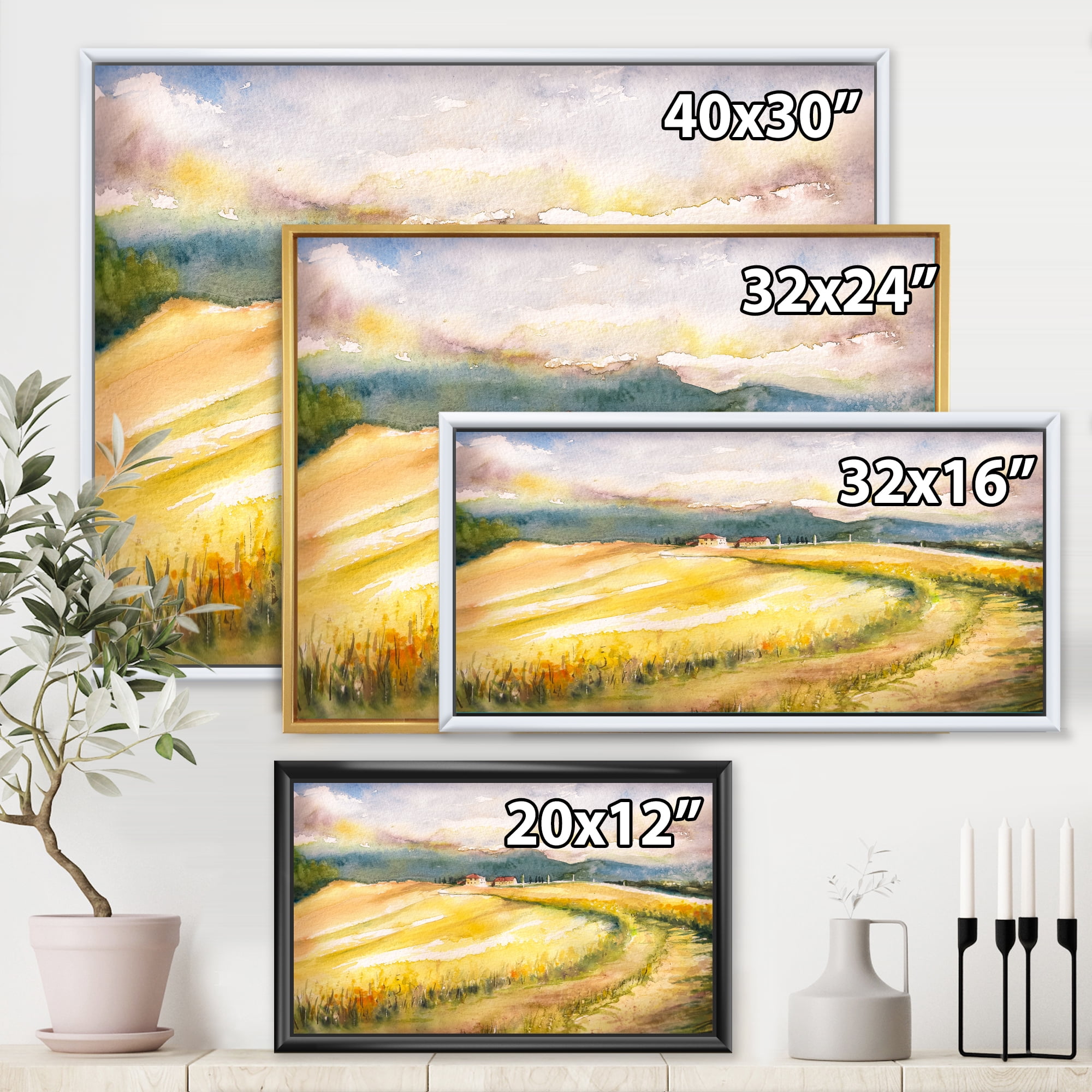 Designart 'Golden Grass Fields of Tuscany Italy' Country Framed Canvas Wall Art Print