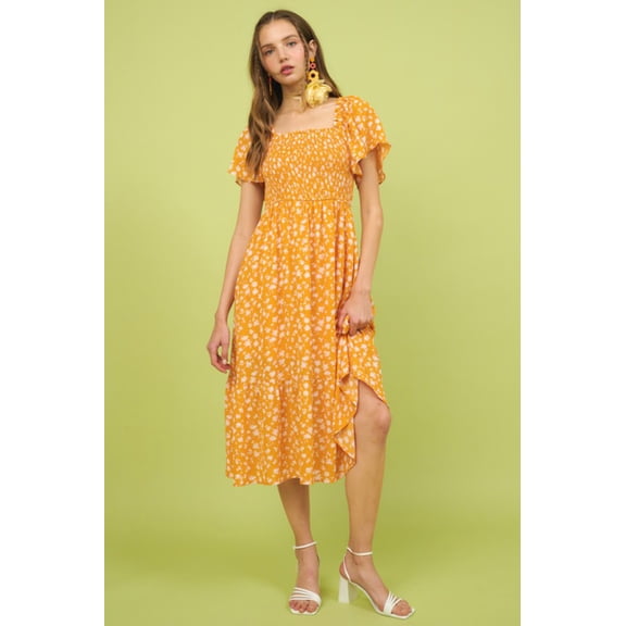 Mittoshop Flower Print Flutter Sleeve Smocked Midi Dress