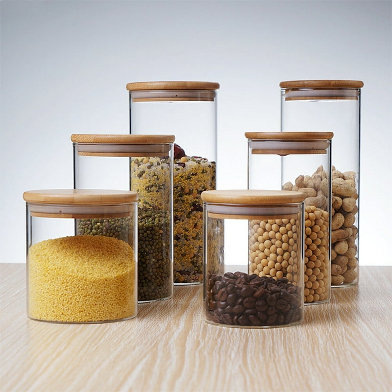 Bamboo Glass Cylinder Storage Jars Wooden Small Box Containers