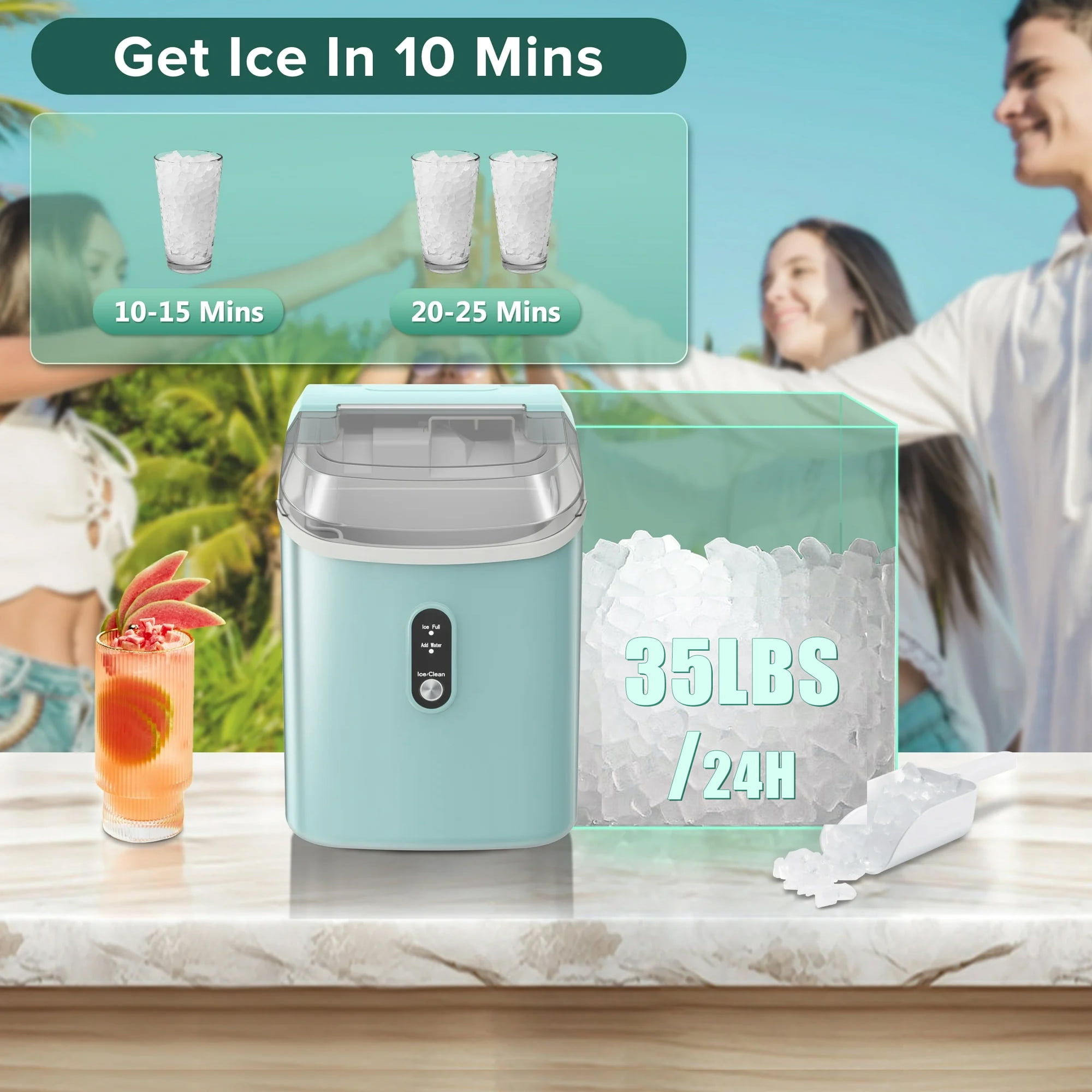 KISSAIR Nugget Ice Maker Countertop with Soft Chewable Pellet Ice, Portable Ice Machine with Handle, 35lbs/24H, Green