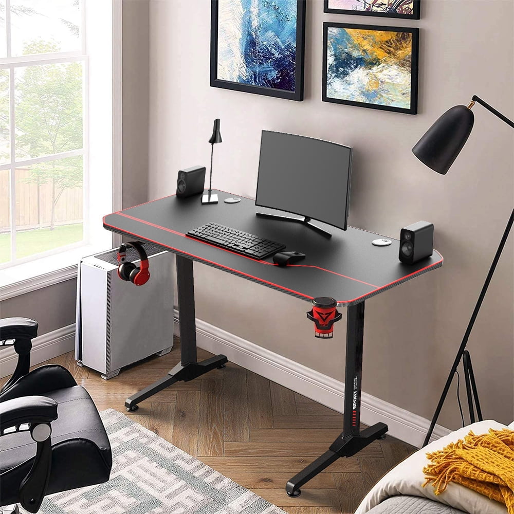 55 inch Ergonomic PC Gaming Computer Desk with Cup Holder and Headphone Hook T Shape Writing Table Gamer Desk for Home Office
