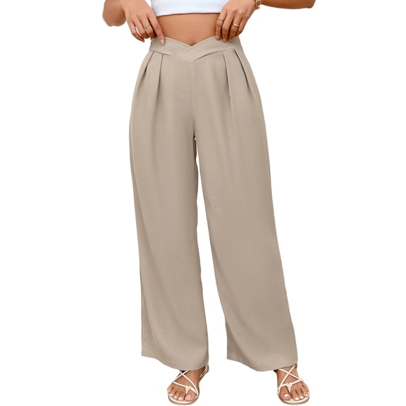 Womens Casual Solid Color Straight Leg Dress Pants Commute Work Trousers Khaki L