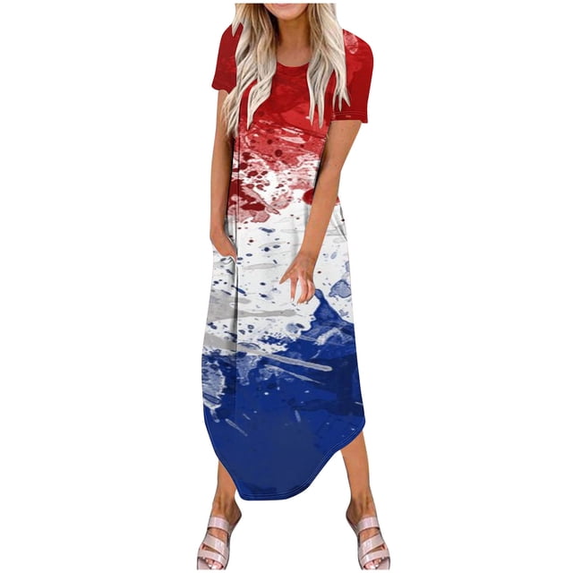 Vestidos de Verano de Mujer Casual Cuello Redondo Bolsillos de Manga Corta Impresión Vestido Largo, Vestido Ligero de Poliéster para Diario, Fiesta Y Primavera