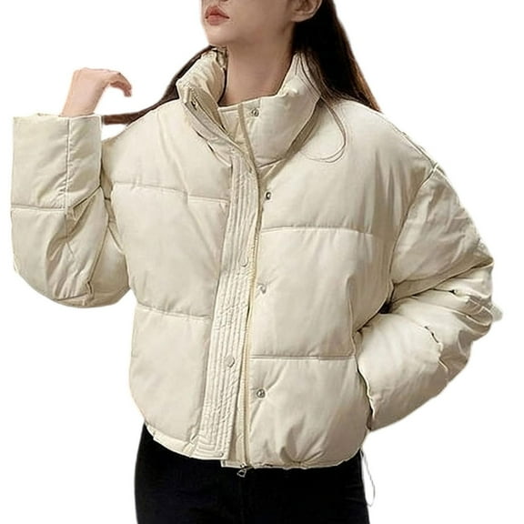 Womens Cropped Puffer Jacket without Hood Stand High Collar Full Zip Winter Warm Short Coat with Pockets (S, White)