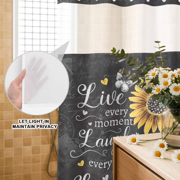 No Hook Shower Curtain with Built-in Rings - Inspirational Words Sunflower Washable Waterproof Fabric Bathroom Curtains for Hotel,Rentals, Stall 48 X 72 Inch , Farmhouse Vintage Floral